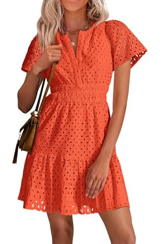 PRETTYGARDEN Womens 2025 Summer Short Dress V Neck Short Sleeve A Line Hollow Out Lace Ruffle Cute Casual Beach Party Dresses (Orange,Medium) - Image 1