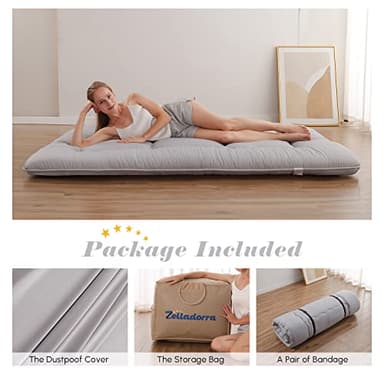 Zelladorra Japanese Floor Mattress, Futon Mattress with Portable Storage Bag and Washable Cover, Roll Up Thick Tatami Mat Suitable for Camping, Guest Room, Grey, Queen - Image 3