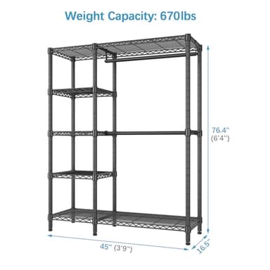VIPEK V7 Garment Rack for Hanging Clothes Heavy Duty Clothes Rack with Shelves, Portable Closet Racks Metal Clothing Racks 5 Tiers Freestanding Closet Wardrobe System, Max Load 670lbs, Black - Image 3