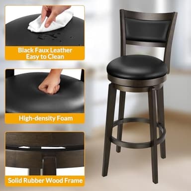 PrimeZone Swivel Bar Stools Set of 2, 30 Inch Bar Height Barstools, Black Faux Leather Bar Stool with High Backrest & Solid Wood Legs & Wrap-Around Footrest, Counter Stools for Kitchen Island, Pub - Image 8