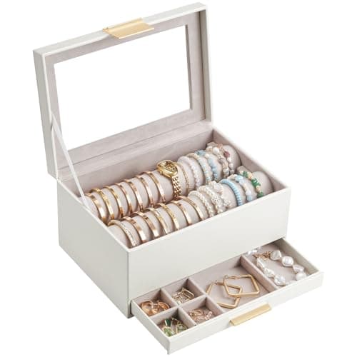 Lolalet Bracelet Holder Organizer with Clear Lid and Drawer, Bangle Storage Box Jewelry Display Holder for Watches, Jewellery Case for Women -White - Image 1