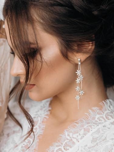 SWEETV Long Wedding Earrings for Brides, Crystal Bridal Earrings for Wedding, Rhinestone Drop Dangle Earrings for Women Prom Party Jewelry - Image 2