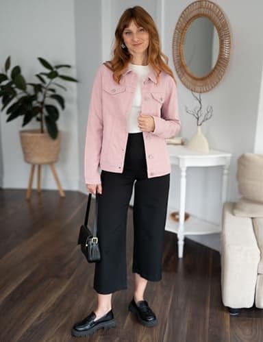 luvamia Women's Classic Casual Long Sleeves Jean Jackets for Women Button Down Trucker Jacket Coat Pink Medium Fits Size 8 / Size 10 - Image 2