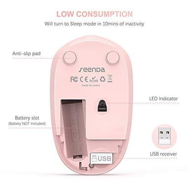 seenda Wireless Mouse, 2.4G Noiseless Mouse with USB Receiver Portable Computer Mice for PC, Tablet, Laptop, Notebook - Pink & White - Image 3