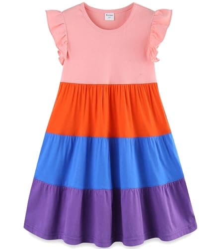 Toddler Girl Dress Summer Cotton Ruffle Short Sleeve Tiered Swing Twirly Casual Sundress Dresses for Girls Clothes Clothing with Pockets Red Color Block 4t - Image 1