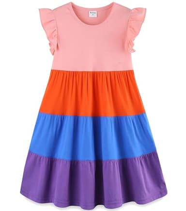 Toddler Girl Dress Summer Cotton Ruffle Short Sleeve Tiered Swing Twirly Casual Sundress Dresses for Girls Clothes Clothing with Pockets Red Color Block 4t - Image 1