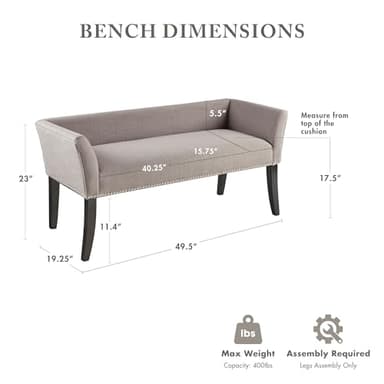 Madison Park Accent Bench, Upholstered with Nailhead Trim, & Padded Seat Entryway Bench Small, End of Bed Bench with Back, 49.5" W x 19.25" D x 23" H, Grey - Image 3