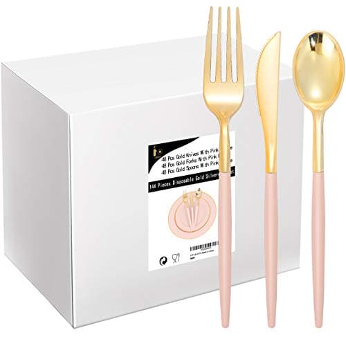 I00000 144Pcs Pink Plastic Silverware, Gold Disposable Flatware with Pink Handle, Gold Plastic Cutlery Set Includes: 48 Forks, 48 Knives and 48 Spoons Perfect for Party & Wedding - Image 1