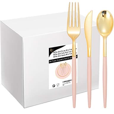 I00000 144Pcs Pink Plastic Silverware, Gold Disposable Flatware with Pink Handle, Gold Plastic Cutlery Set Includes: 48 Forks, 48 Knives and 48 Spoons Perfect for Party & Wedding - Image 1