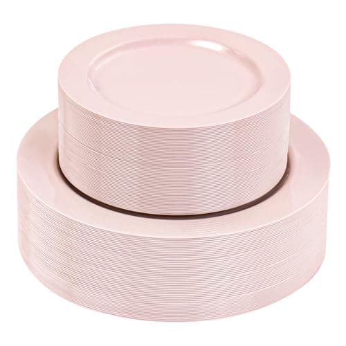 FLOWERCAT 100PCS Pink Plastic Plates - Heavy Duty Pink Party set Disposable serve for 50 guests -10 inch Dinner + 7 inch Dessert/Salad Plates for Easter,Birthday Party,Mother's Day - Image 1