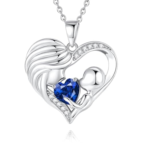 FANCIME Mom Birthstone Necklace Blue Sapphire Mother and Child Love Heart Necklace I Love You Mom Gifts Mothers Day September Jewelry Gifts for Grandmother Women Wife, 16"+2" Inches - Image 1