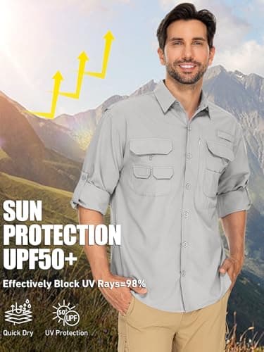 linlon Mens Safari Shirts Long Sleeve UV Protection Hiking Fishing UPF 50+ Quick Dry Cooling Camping Travel Shirts#5066-Light Grey-M - Image 3