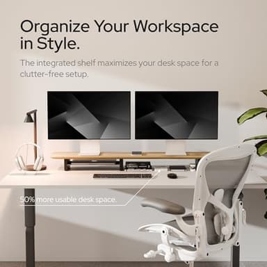 KIVY Dual Monitor Riser With Integrated Metal Shelf [MADE BY HAND] - Wooden Desk Shelf for 2 Monitors - Wide Long Stand for Desk (44 x10x3in - Oak) - Image 2