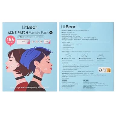 LitBear Large Pimple Patches, 5 Sizes 156 Patches Big Acne Patch, 60 XL Hydrocolloid Patch for Full Face, Forehead, Chin, Nose, Body, Back, Neck & Chest, Stirp, Square Large Hydrocolloid Bandages - Image 9
