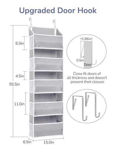 ULG 1 Pack Over Door Organizer with 5 Large Pockets 10 Mesh Side Pockets, 44 lbs Weight Capacity Hanging Storage Organizer with Clear Window for Kids Toys, Shoes, Diapers, Grey, 5 Layer - Image 7