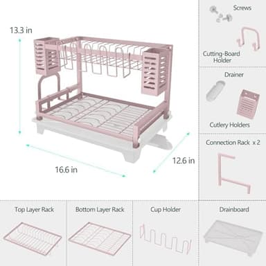 B-Land Dish Drying Rack, 2 Tier Dish Racks for Kitchen Counter, Large Dish Drying Rack with Drainboard & Utensil Holders, Rust-Proof Dish Drainers,Kitchen Organization - Image 5