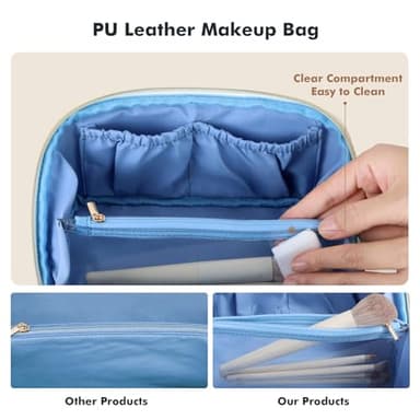 Prite Makeup Bag for Women Travel Waterproof Vegan Leather Cosmetic Bag Open Flat Toiletry Bag With Clear Divider and Handle (Blue) - Image 6