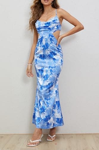 Milumia Women's Floral Cut Out Backless Maxi Dress Ruched Sleeveless Long Cocktail Party Dresses Ultra Marine Blue X-Large - Image 3