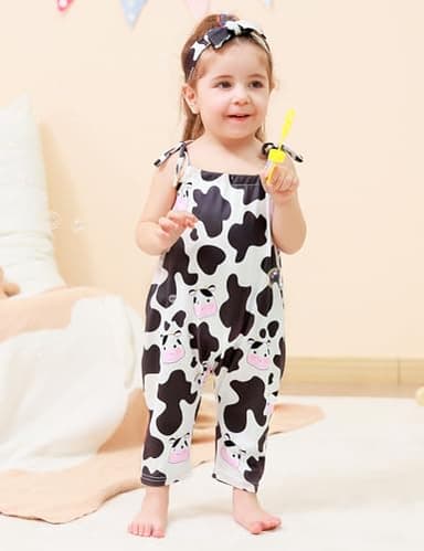 Lindanina Toddler Baby Girls Romper Cartoon Cow Sleeveless Jumpsuit Summer Cute Clothes Adjustable Tie-Up Strap 12-24 Months Infant One Piece Soft Casual Outfits with Pocket Headband Daily Wear - Image 5