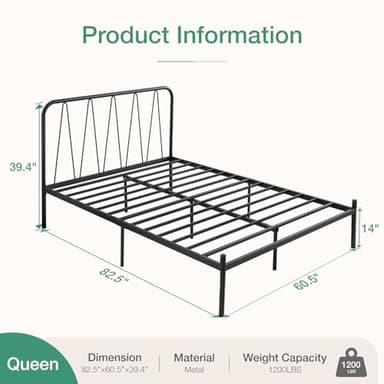 Novilla Queen Bed Frame, 14 Inch Metal Platform Bed Frame with Modern Headboard, Heavy Duty Metal Slats Support, No Box Spring Needed, Easy Assembly, Black - Image 2