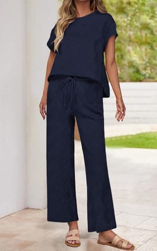 PRETTYGARDEN 2 Piece Outfits For Women Casual Tracksuit Short Sleeve Tops And Wide Leg Long Pants Matching Lounge Sets (Navy, X-Large) - Image 2