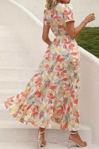 PRETTYGARDEN Women's Boho Floral Maxi Dress Summer Short Sleeve Wrap V Neck Long Flowy Beach Vacation Wedding Guest Dresses - Image 6