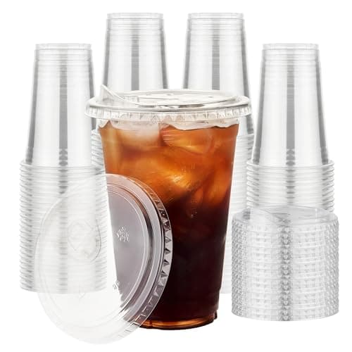 100 pack 16 oz Clear Plastic Cups with Lids, Disposable Iced Coffee Cups with Strawless Sip Lids, Drink Cup for Cold Drinks, Iced Coffee - Image 1