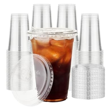 100 pack 16 oz Clear Plastic Cups with Lids, Disposable Iced Coffee Cups with Strawless Sip Lids, Drink Cup for Cold Drinks, Iced Coffee - Image 1
