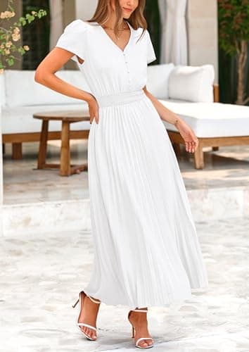 PRETTYGARDEN Women's Summer Maxi Dresses 2025 Trendy Casual Button V Neck Ruffle Cap Sleeve Long Flowy Pleated Dress (White,Small) - Image 8