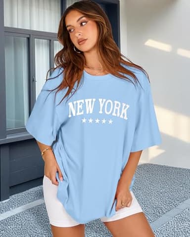 Womens Oversized Tshirt Graphic Tees Crew Neck Summer Short Sleeve Loose Fit Tops(Blue Letters, L) - Image 4