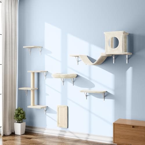 NUNU LAB Wall Mounted Cat Furniture Set - 6 Pcs Climber Set with House, Bridge, Steps, Scratcher Board - DIY Walls Playground, Indoor Cat Shelves - White - Image 1