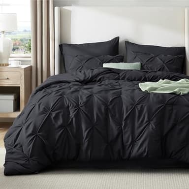 Bedsure Queen Comforter Set Black - Bed in a Bag Queen Size 7 Pieces, GentleSoft™ Pintuck Bed Set Gift for Family, Pinch Pleat Black Comforter with Sheets, Pillowcases & Shams - Image 2