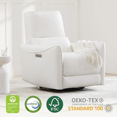 CHITA Power Recliner Chair Swivel Glider, FSC Certified Upholstered Faux Leather Living Room Nursery Reclining Sofa Chair with Lumbar Support, White - Image 4