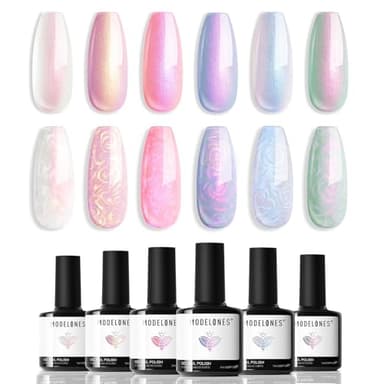 modelones Pearl Gel Nail Polish Set, 6 Colors Aurora Iridescent Shimmer White Pink Purple Mermaid Nail Drawing Glitter Gel Polish Soak Off Led Swirl Shell Thread Effect with Dotting Pen DIY Mani Gift - Image 9