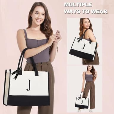 BeeGreen Personalized-Gifts-Bag-for Women Mother Hostess Friends Birthday Wedding Bridesmaid Valentine's Day Initial Canvas Tote Bag with Comestic Bag Monogram Tote Bags Letter P - Image 4
