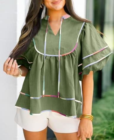 Cicy Bell Womens Summer Babydoll Tops V Neck Short Lantern Sleeve Shirts Cute Loose Fit Peplum Flowy Blouses Army Green - Image 3