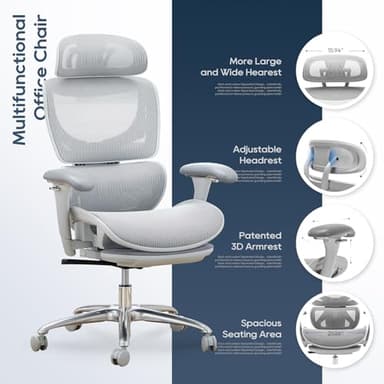 COLAMY Ergonomic Mesh Office Chair with Footrest, Executive High Back Computer Desk Chair with Wide Headrest and Adjustable 3D Arms, Backrest Height, Tilt Lock and Lumbar Support, Grey - Image 8