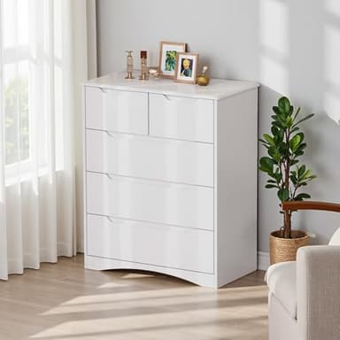 Gizoon 5 Drawers Chest, White Dresser for Bedroom with Large Storage Capacity, Chest of Drawers with Embedded Handle, Anti-Tripping Device for Hallway, Office, Living Room - Image 5