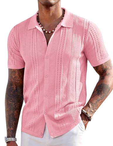 COOFANDY Men's Short Sleeve Shirts Knit Button Down Polo Shirt Casual Summer Beach Tops Light Pink - Image 1