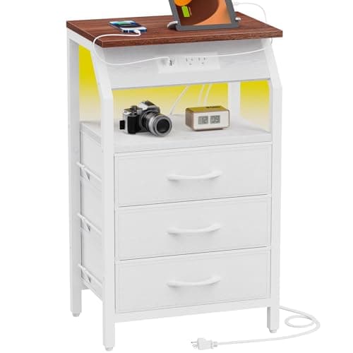 SZLHANJZ End Table with LED Lights, Nightstand with Charging Station and 3 Drawers, Small Side Table with Fabric Storage for Bedside, Living Room, Dorm, White and Walnut - Image 1