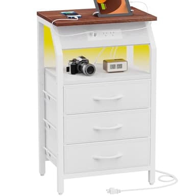 SZLHANJZ End Table with LED Lights, Nightstand with Charging Station and 3 Drawers, Small Side Table with Fabric Storage for Bedside, Living Room, Dorm, White and Walnut - Image 1
