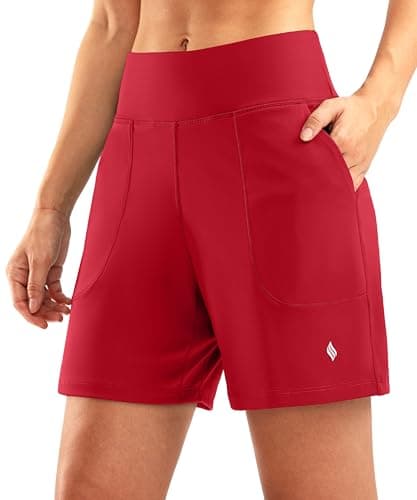 SANTINY Women's 6'' Athletic Long Shorts with 4 Pockets High Waisted Bermuda Shorts for Women Walking Running Casual (Red_M) - Image 1