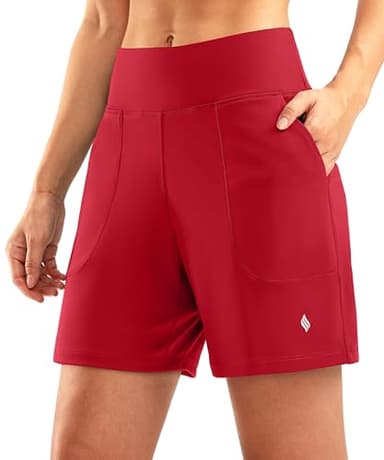 SANTINY Women's 6'' Athletic Long Shorts with 4 Pockets High Waisted Bermuda Shorts for Women Walking Running Casual (Red_M) - Image 1
