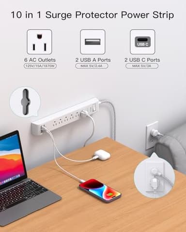 2 Pack Power Strip, 12FT Long Extension Cord, Surge Protector with 6 Outlets and 4 USB Ports (2 USB C), Flat Plug Overload Protection, Extension Cord 10+ ft, Wall Mount for Home Office Dorm College - Image 2