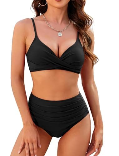 ZAFUL Women High Waisted Bathing Suit 2 Piece Black Bikini Sets High Cut Push Up Swimsuit Two Piece Tummy Control Vintage Retro Underwire Modest Swimwear Black L - Image 1