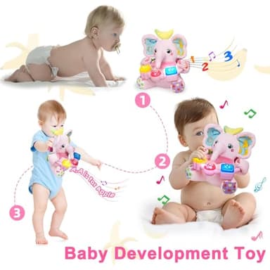 Holaxander Baby Elephant Musical Stuffed Animals Toy with Light-Up Music & Crinkle Sound Paper,Infant Bilingual Early Learning Education Toys,Tummy Time Toys for 0-3-6-12+ Months Boy Girl, Pink - Image 2