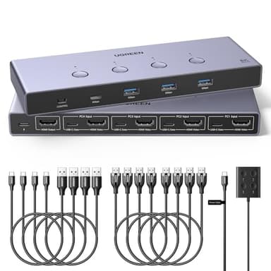 UGREEN 8K@60Hz HDMI KVM Switch 4 Computers with 4 USB 3.0 Ports Aluminum KVM Switches Share One Monitor Keyboard Mouse Hard Drives Printer with 4 HDMI Cables, 4 USB Cables and Desktop Controller - Image 1