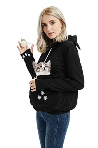 Jomago Womens Pet Carrier Thin Hoodies Kitten Puppy Pouch Shirts Animal Holder Hood Long Sleeve Sweatshirt Thin Black - Image 1