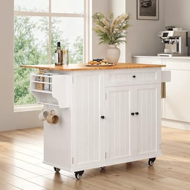 Ahomly Kitchen Island with Storage, Island Table for Kitchen with Drop Leaf, 5 Wheels, Interal Storage Rack, a Drawer, Spicy Rack and Towel Bar, Sufficient Countertop Space and Storage, White - Image 3