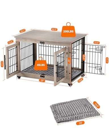 YaFiti Dog Crate Furniture with Cushion, Wooden Dog Kennel with Double Doors, Heavy Duty Dog Cage End Table with Wheels, Dog House Indoor for Small Medium Dogs up to 45 lb, 32.5” L, Grey - Image 5